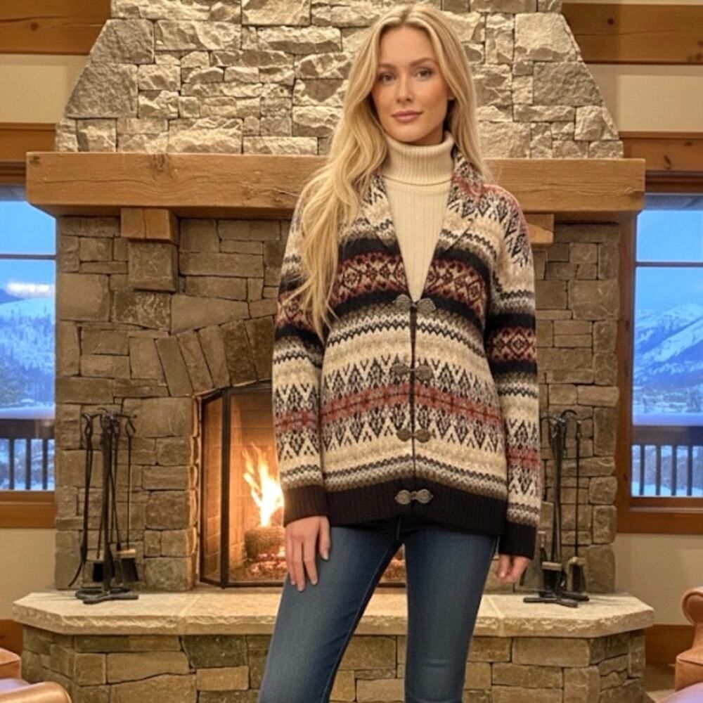 Carroll Reed Wool Nordic Latch Cardigan Fair Isle Sweater Plus SZ 1X Black Red